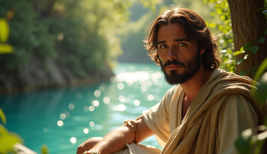 Descreva uma imagem de Jesus Christ sitting at a crystal clear blue river in the enchanting garden of Eden with Adam. Adam is in his 20s, short curl light brown 7" hair, green eyes. Jesus is in his mid 30s, light blue eyes, wavy 14" dark brown hair, very handsome, emanating a divine aura and looking directly into the camera with a penetrating and compassionate gaze. The scene around him radiates a sense of serenity and transcendence, com cores suaves e uma atmosfera celestial. Highlight the details of the expression on your face, the sparkle in your eyes and the sense of peace and grace that your presence radiates in this sacred moment, 32K UHD, Style Raw, Afternoon sun, warm tone, cinematic
