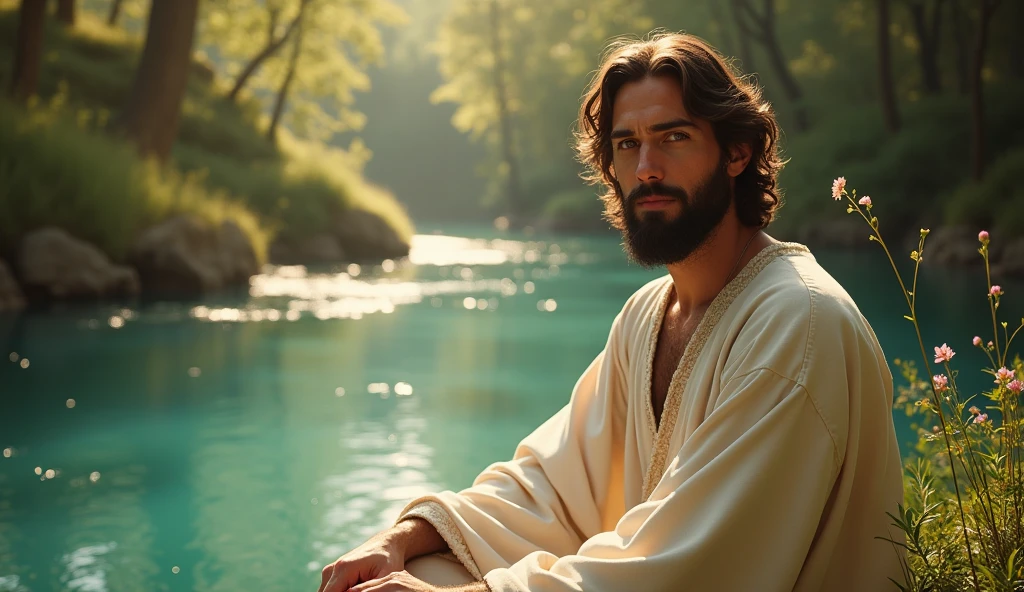 Descreva uma imagem de Jesus Christ sitting at a crystal clear blue river in the enchanting garden of Eden with Adam. Adam is in his 20s, short curl light brown 7" hair, green eyes. Jesus is in his mid 30s, light blue eyes, wavy 14" dark brown hair, very handsome, emanating a divine aura and looking directly into the camera with a penetrating and compassionate gaze. The scene around him radiates a sense of serenity and transcendence, com cores suaves e uma atmosfera celestial. Highlight the details of the expression on your face, the sparkle in your eyes and the sense of peace and grace that your presence radiates in this sacred moment, 32K UHD, Style Raw, Afternoon sun, warm tone, cinematic