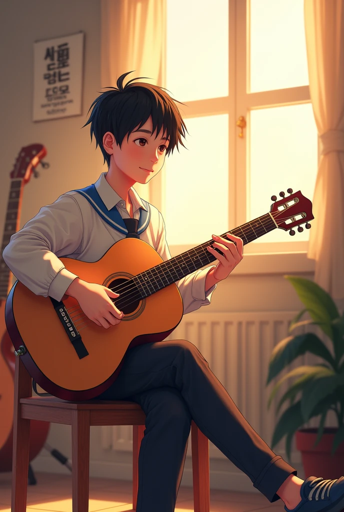 A young boy wearing a Korean school uniform sits in the music club room. He is playing the guitar as sunlight streams in through the window, creating a warm and peaceful atmosphere in the room. Anime
