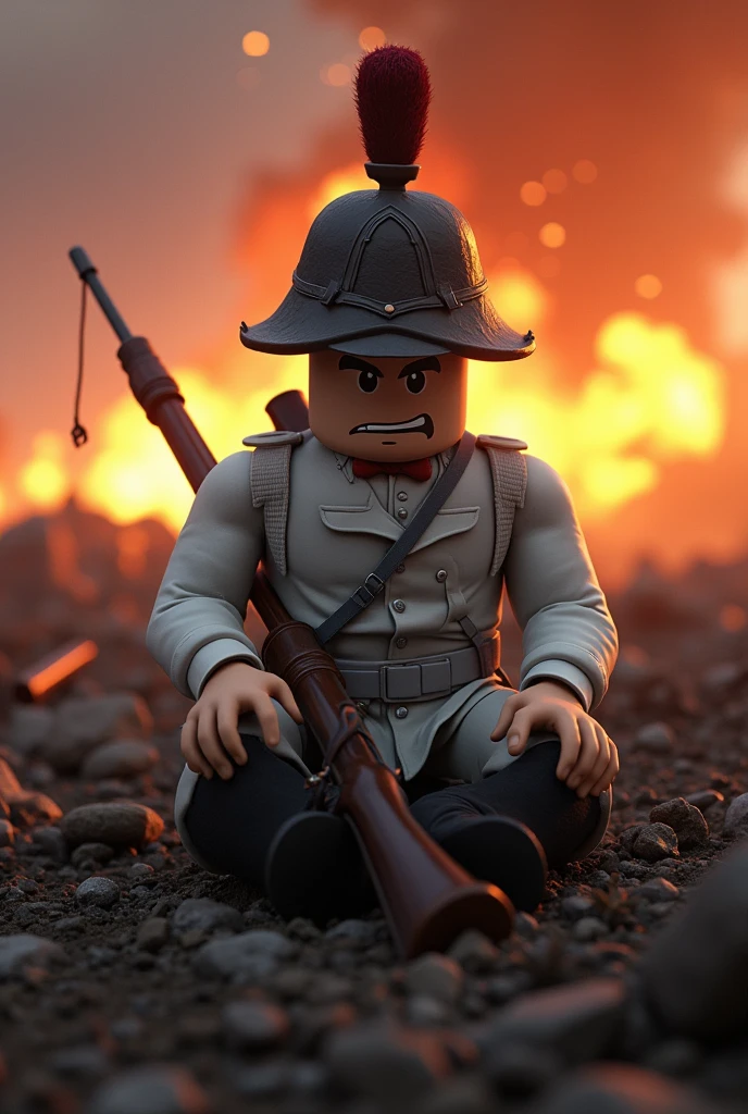 A roblox character in a napoleonic wars wearing white soldier uniform in a 1800s infantry "Shako headgear", sitting down with his musket rifle, exhausted and tired fighting, realistic fear expression with a very dark forehead shadow in a side face while the background Is total explosive war
