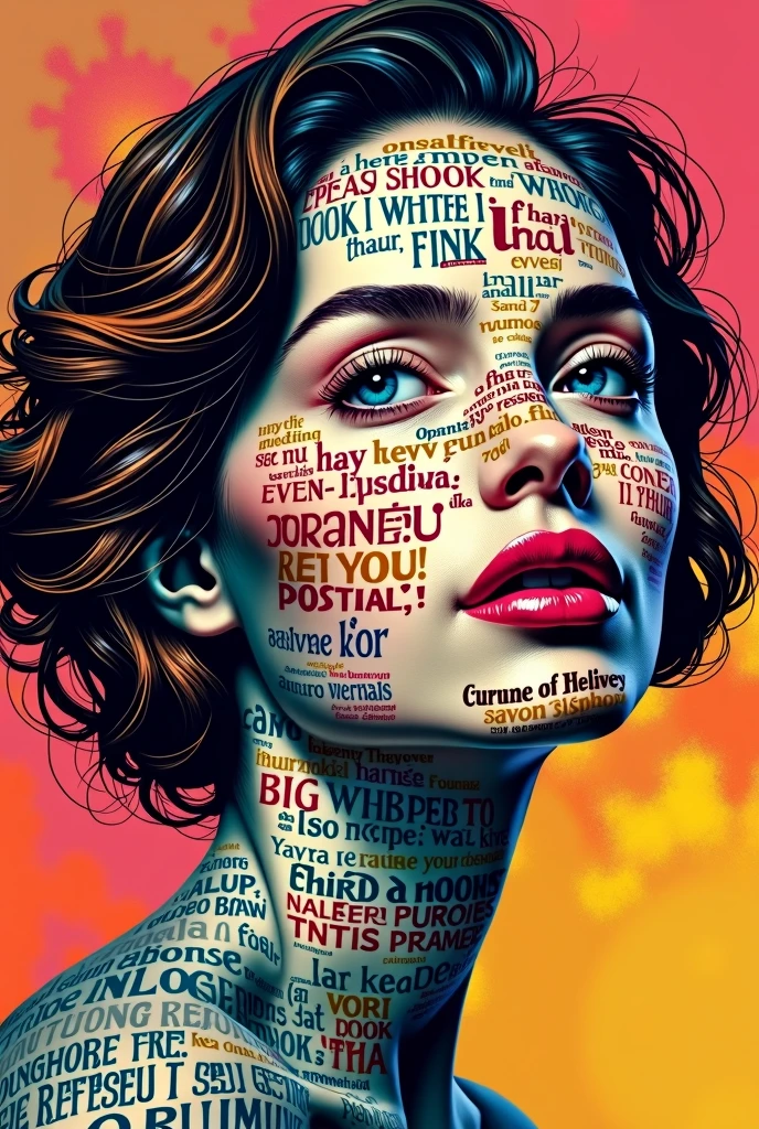 [Core Concept]
A visually striking typography poster that features a woman's face composed of colorful text.

[Character Description]
The woman's facial features are formed by the arrangement of the text, creating a captivating and expressive portrait.

[Environment/Background]
The background is set against a vibrant, multicolored palette, adding a dynamic and eye-catching element to the design.

[Style and Atmosphere]
The overall aesthetic is modern, bold, and artistic, with a playful and visually engaging composition.

[Composition]
The text is expertly arranged to flow and curve in a way that seamlessly integrates with the woman's facial structure, creating a harmonious and visually compelling piece.

[Details and Embellishments]
The individual letters and words are rendered in a variety of colors, textures, and styles, adding depth and visual interest to the typography-based portrait.

[Technical Specifications]
This digital artwork would be suitable for high-quality printing as a poster, with a resolution and file format suitable for professional printing.