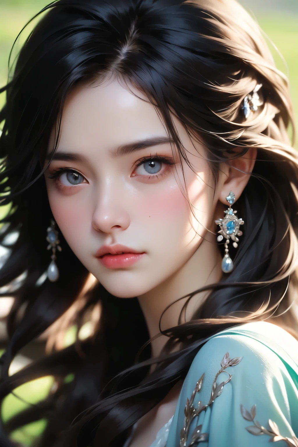 Ladies and bouquets，Portrait close-up，She looked at me with very beautiful and kind eyes.Detailed Schneider pastel ink, soft and fantastic, Fluffy, (Extremely fine and beautiful), (perfect  detail)、(pastel color),Soft texture:1.2.(masutepiece, Best quality), (finely detailed beautiful eye),（Dark bright eyes），(finely detailed  eyes and detailed face),（Jet-black silky hair),The hue is also noticeably brighter,Pale blurred silhouette,((Beautiful nipples)),(A piercing gaze that kills),Light Brown Hair,Each strand of hair clearly flutters in the wind,