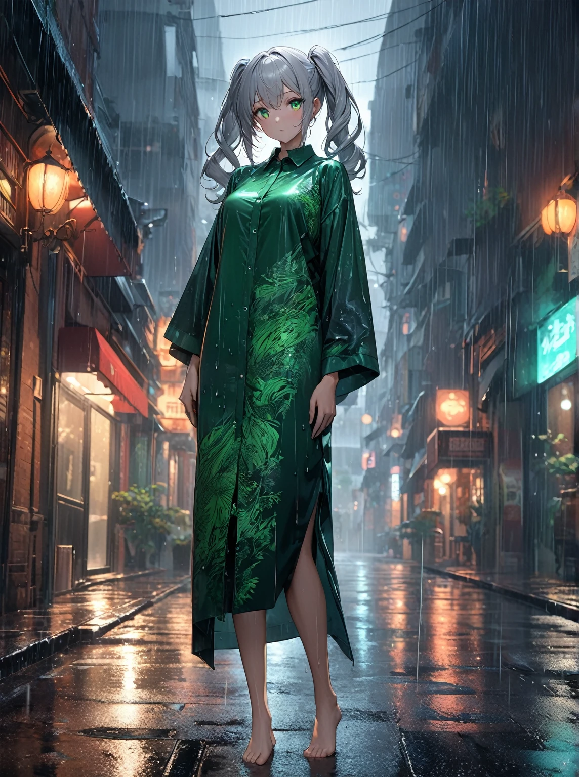 Ultra high resolution, rich colors, perfect image, top quality, detailed image, beautiful woman, glowing skin, skin and clothing texture, delicate eyes, rain, deserted street, long shirt, standing barefoot, silver hair in twin tails, green eyes