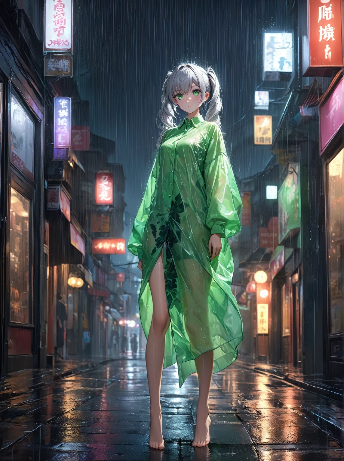 Ultra high resolution, rich colors, perfect image, top quality, detailed image, beautiful woman, glowing skin, skin and clothing texture, delicate eyes, rain, deserted street, long shirt, standing barefoot, silver hair in twin tails, green eyes