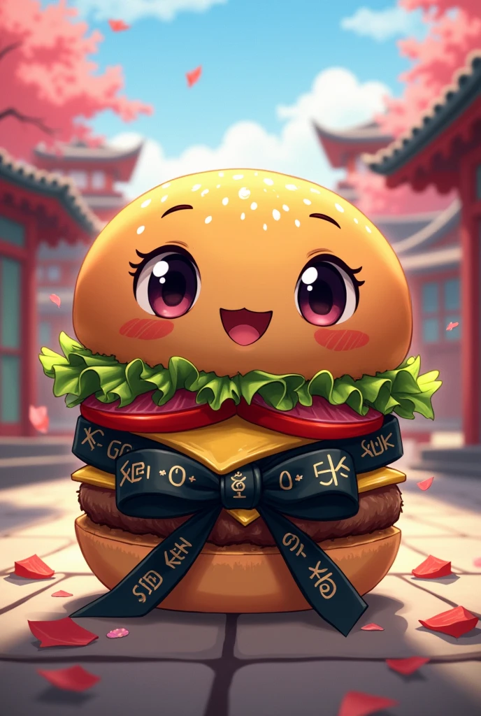 anime style burger, that has a ninja ribbon 

