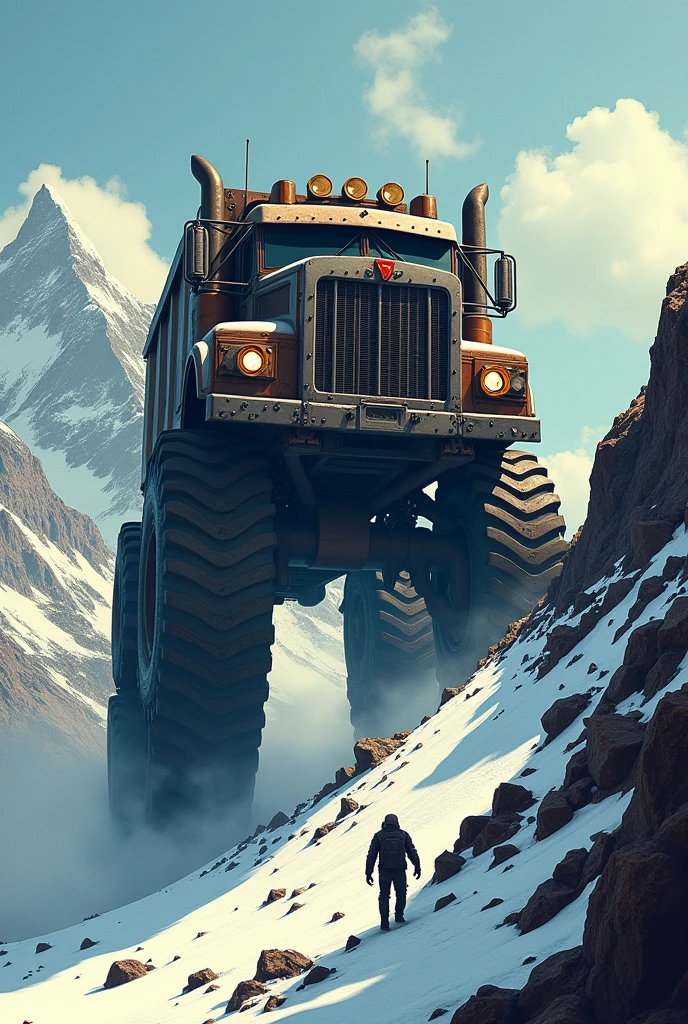Monster with the head of a four-wheel drive truck that walks on two legs and is climbing a mountain and is very tall that is in 2d