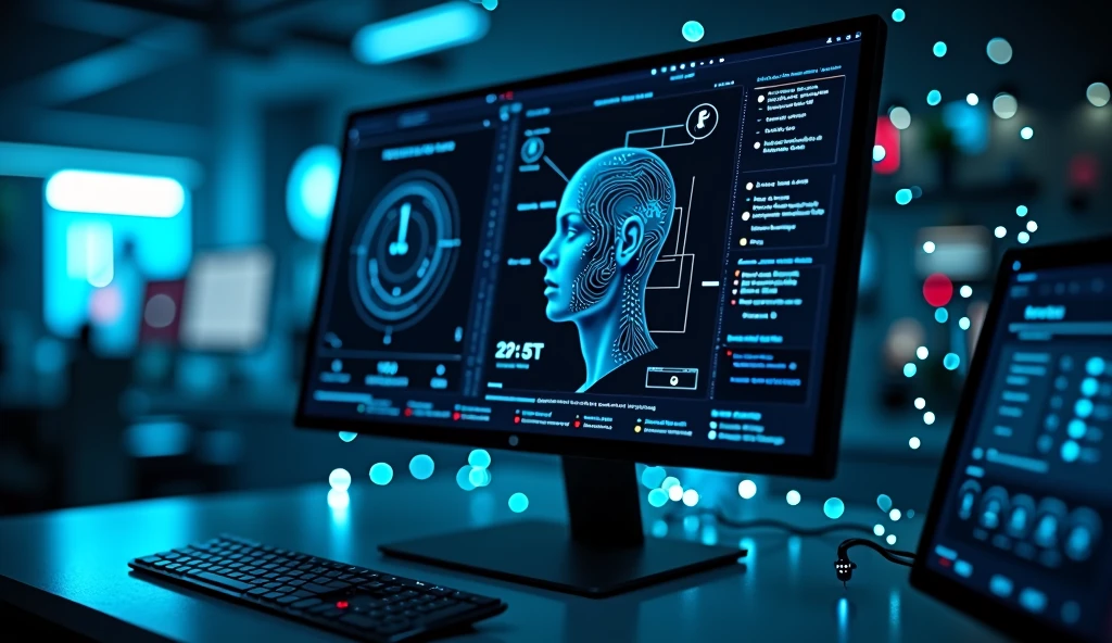 a futuristic digital computer interface, sophisticated ai system, a computer monitor displaying facial recognition, voice playback, dark blue and black background, blue glowing lights representing rapidly passing time, blue electrical sparks, advanced technology, cutting-edge digital technology, high-tech, sleek, minimalist, cinematic, dramatic lighting, moody, atmospheric