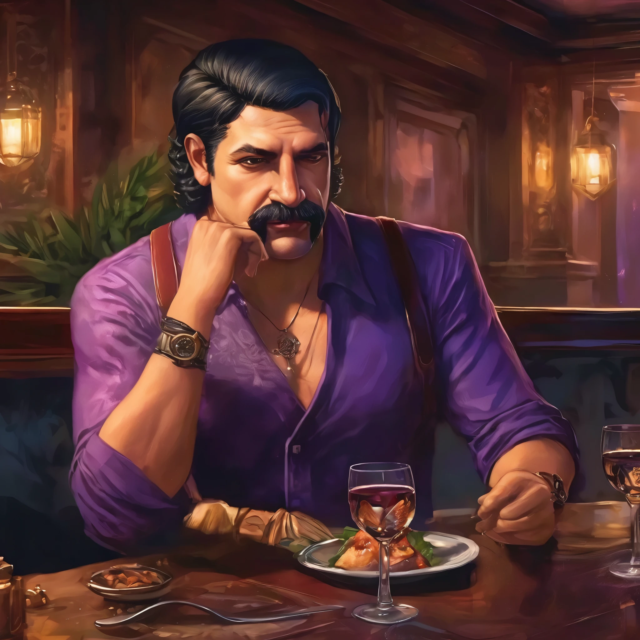 (obra maestra, Mejor calidad:1.2), 1 chico, thenahualli, serious, dangerous man, elegant, elegante, purple shirt, sit, having dinner, luxury restaurant, high class restaurant, indoor, Costa Rica, night, midnight, (((realistic, detailed, photorealistic)))