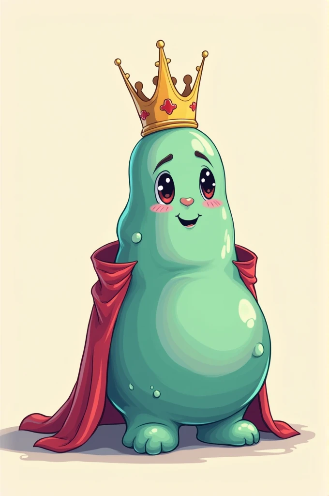 Cartoon style slime boy with a cape and a crown on a plain all this in cartoon mode