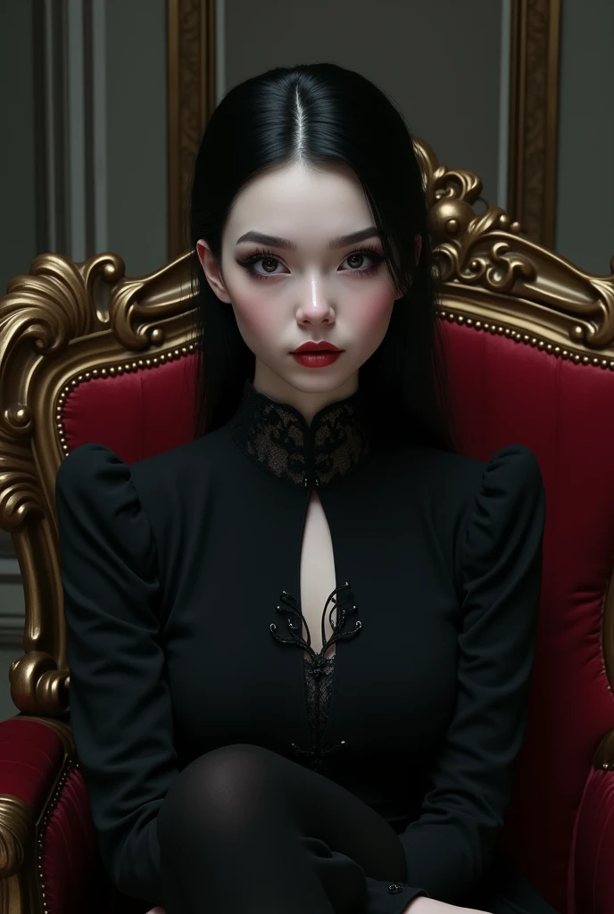 r with physiognomic features of Merlina Adams and Elsa with Merlina Adams personality sitting on a piece of furniture with her shoulders straight and with her arms and legs crossed demonstrating superiority and apathy along with an expression of superiority