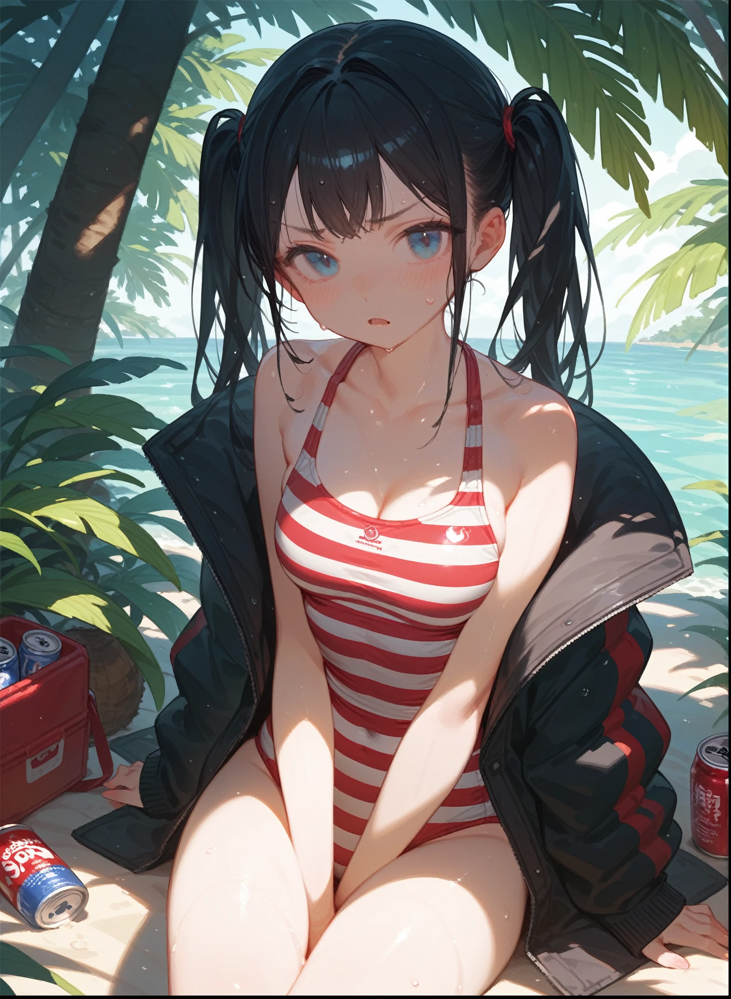 1 Girl,sit,Blue Eyes,Black twin ponytails,Crimson striped swimsuit,jacket,blush,sweat,coconut tree,Sunlight,Open your mouth,frown,Conservative,Strict,Can pass the trial,Beautiful light and shadow,(Black hair)