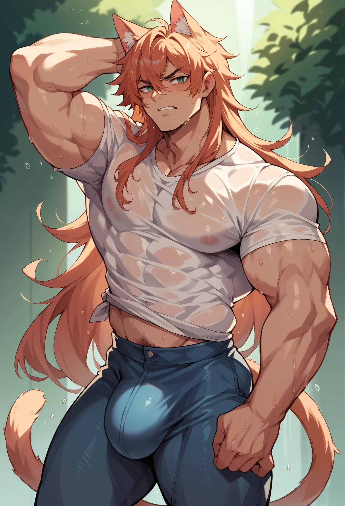 Cat boy tall with long hair and tail and short with massive bulge and the bulge is super wet