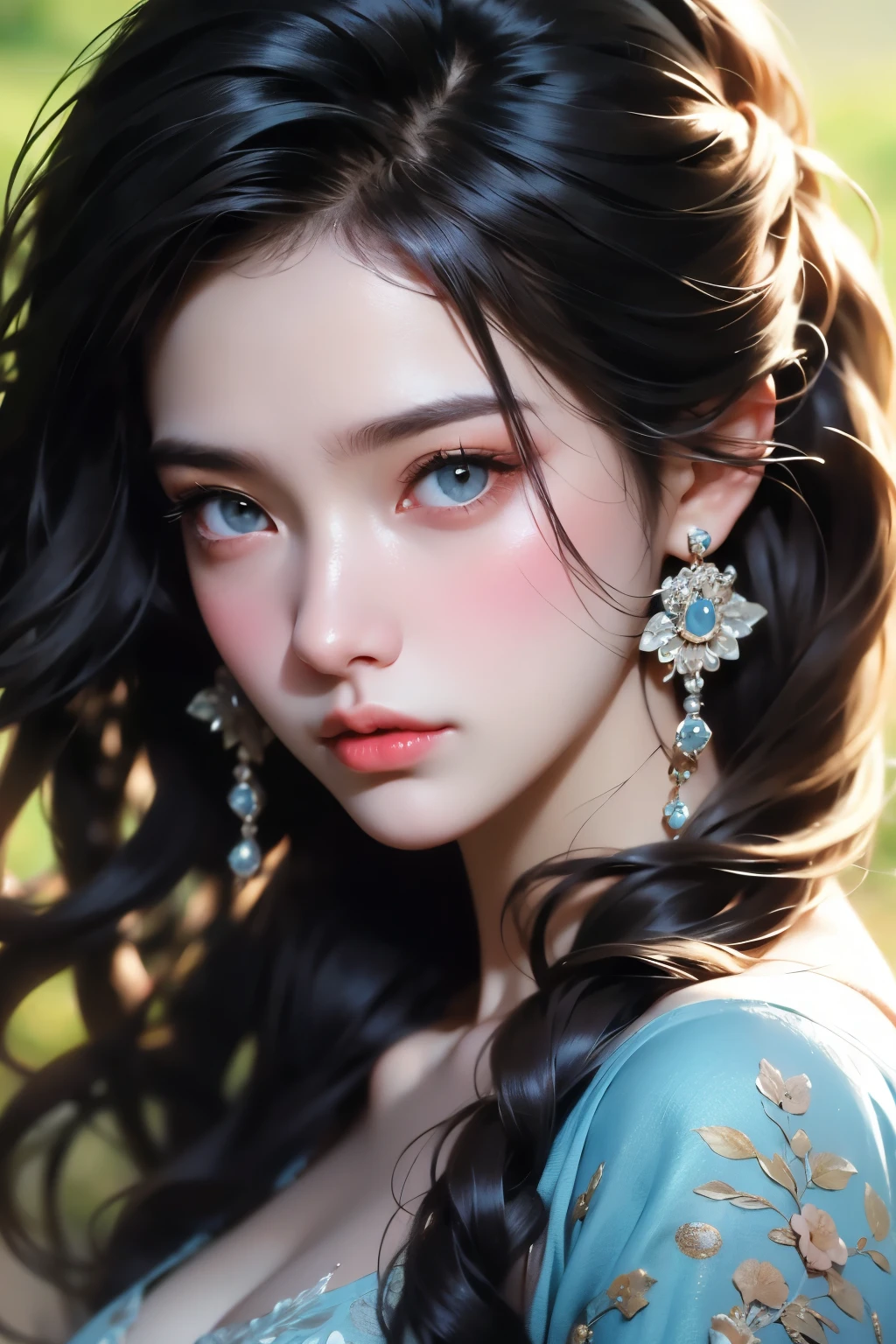 Ladies and bouquets，Portrait close-up，She looked at me with very beautiful and kind eyes.Detailed Schneider pastel ink, soft and fantastic, Fluffy, (Extremely fine and beautiful), (perfect  detail)、(pastel color),Soft texture:1.2.(masutepiece, Best quality), (finely detailed beautiful eye),（Dark bright eyes），(finely detailed  eyes and detailed face),（Jet-black silky hair),The hue is also noticeably brighter,Pale blurred silhouette,((Beautiful nipples)),(A piercing gaze that kills),Light Brown Hair,Each strand of hair clearly flutters in the wind,