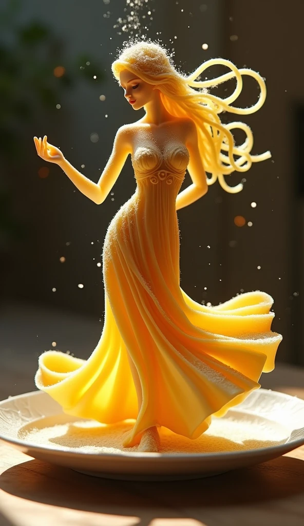 A graceful, human-like spaghetti noodle, shaped like a beautiful woman, gently sways on a plate. the noodles move in slow motion, their edges flowing like a delicate dress. Grated cheese forms a crown, while the intricate thread patterns suggest a serene face. The camera follows the noodle's elegant dance, capturing every subtle movement and the entire length of her body as she twists and bends in a fluid, almost magical rhythm. Soft lighting illuminates the scene, creating a dreamlike, cinematic atmosphere as she dances in her natural space, a plate.