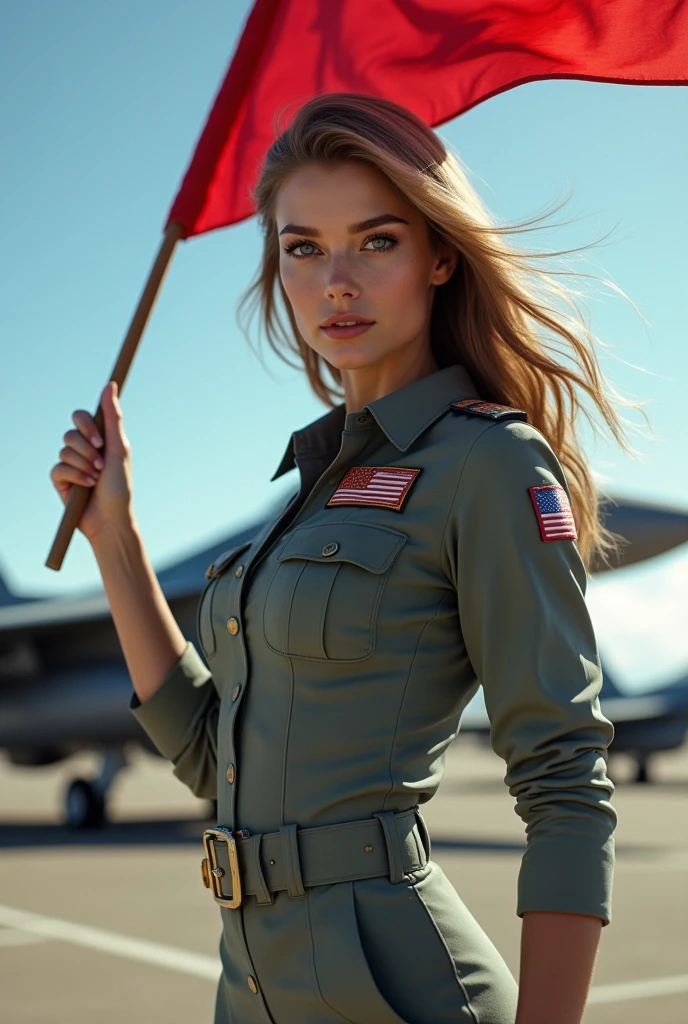 (Photorealism:1.2), beautiful woman, Fighter Jet Signalman, holding a small red flag.