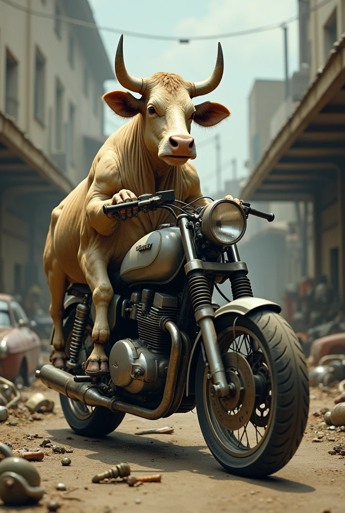 Cow riding a nearly disassembled motorcycle