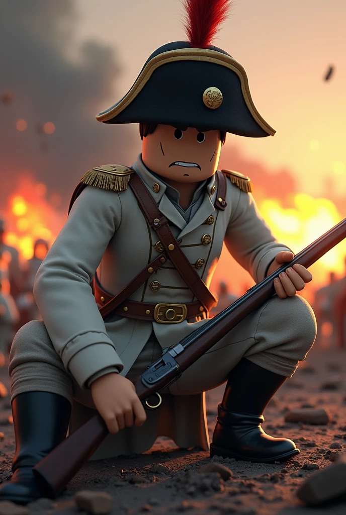 A roblox character in a napoleonic wars wearing white soldier uniform in a 1800s infantry "military Shako headgear", sitting down with his musket rifle, exhausted and tired fighting, realistic fear expression with a very dark forehead shadow in a side face while the background Is total explosive war