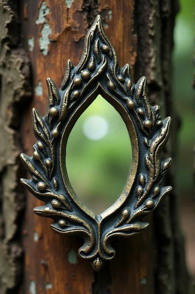 small antique magic mirror in the shape of a tree leaf
