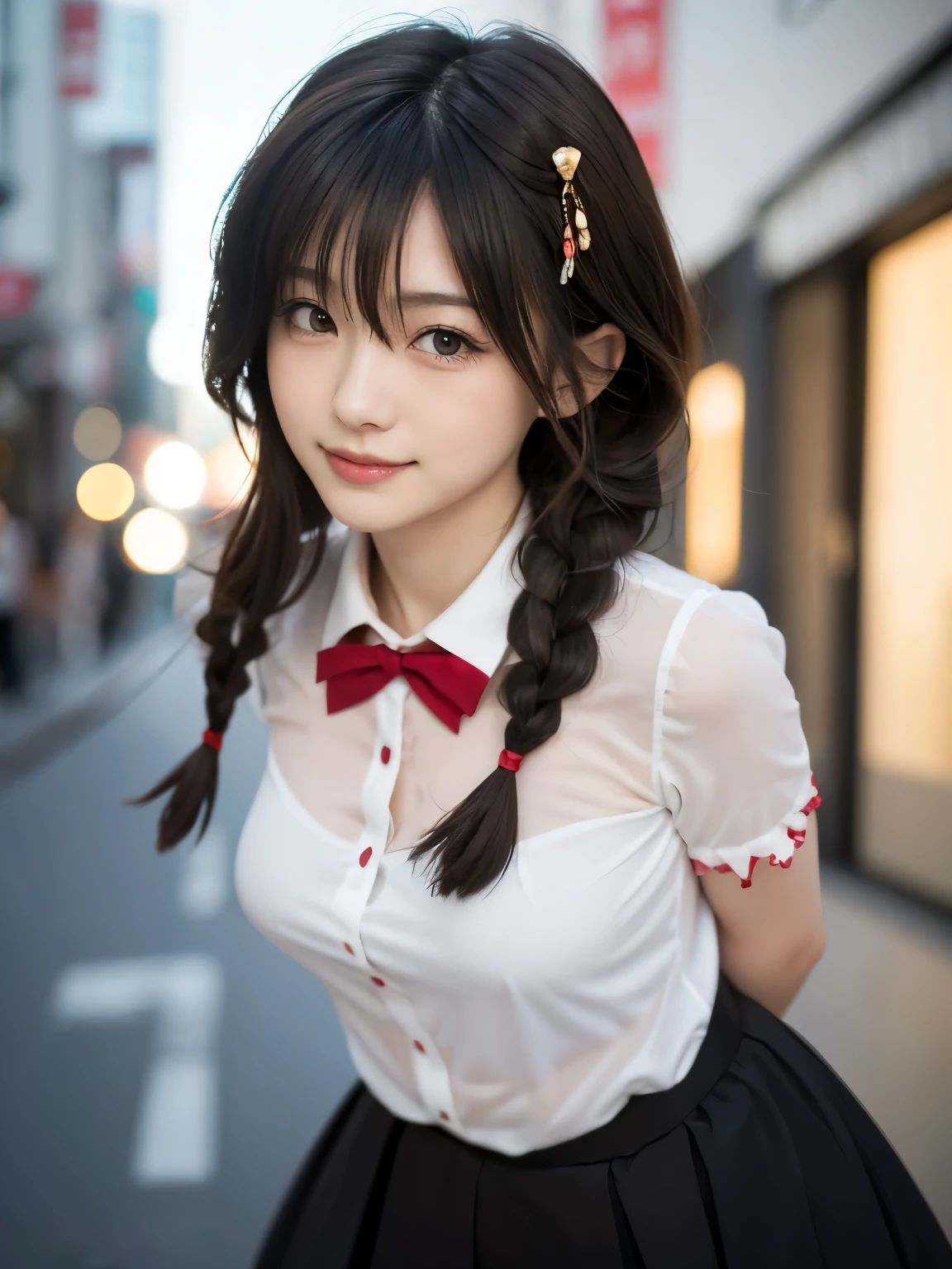 (128k, RAW Photos, Highest quality, High resolution:1.1), (Best image quality:1.35), High resolution, Realistic photos, (One Woman:1.33), Beautiful expression, (Detailed eyes:1.4), (Iris:1.4), (Detailed face:1.35), (Shiny Hair:1.4),
BREAK the Beauty of Japan, cute girl, Pretty girl, Japanese girl,
BREAK (see-through silhouette:1.3),
BREAK white collared shirt, short sleeve, tiered skirt, Transparent nipples,
BREAK (Swayback stance:1.3), Petite, Lean Body, full Breasts, smile,
BREAK 1girl, solold, shigure, (hairs between eyes:1.5), ((ahoge)), single braid, (japanese hair ornament, kanzashi), (hair flaps), hand ribbon,
BREAK in the street,