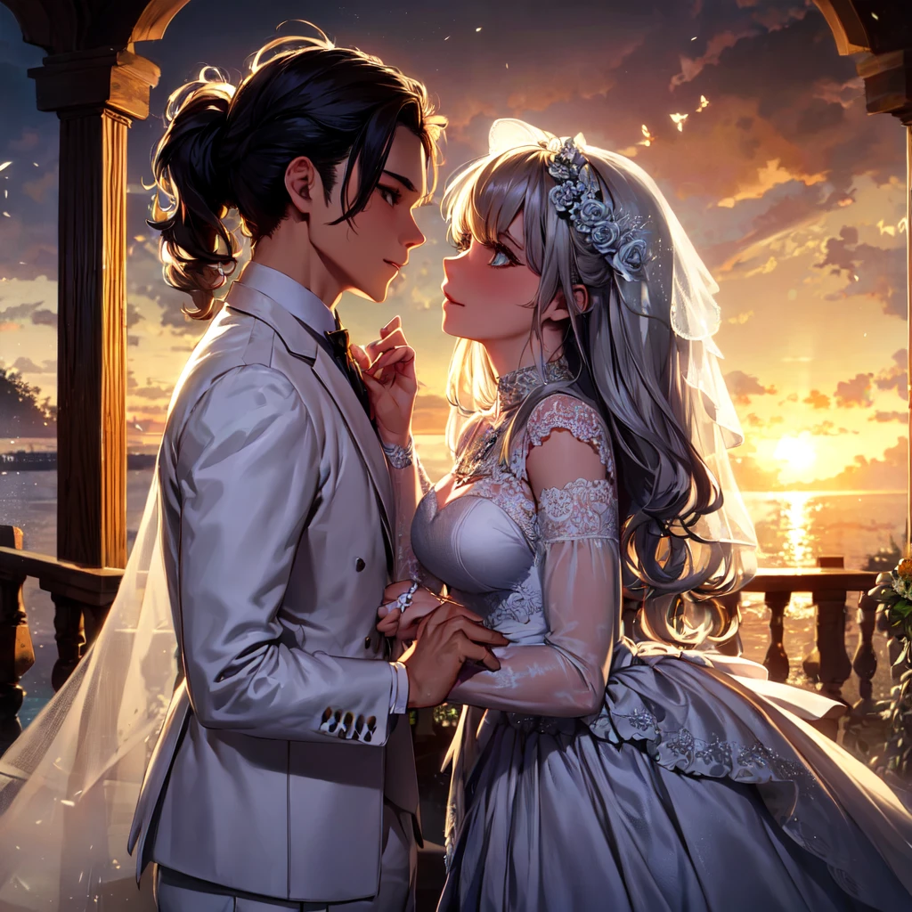 masterpiece, Best quality, masterpiece, Best quality, masterpiece, Best quality, masterpiece, Best quality, high quality, detail_skin, Beatifull_hair, detail_hair, Beatifull_hands, hands_detail, High detail, Ultra detail, HD, 4k, 4280x2240, depth field, (HDR:1.9), Correct anatomy, a masculine boy with short hair black hair abundant brown eyes with full wedding suit from groom to gentleman's suit and Palto flu pants and a girl with very long hair messy hair curly hair wavy hair (((silver hair))) high ponytail with yellow eyes in wedding dress, Dream wedding dress. love. Hand in hand looking at the New Year's sunset sunrise while kissing at church wedding with wedding rings on boy finger and wedding rings on girl finger and smiles, detail, ultra-detail, correct_position, correct_texture, correct_colors, correct_shading, correct_cgi, correct_body, correct_anatomy, correct_proportion, (correct_complete_body), source_anime,score_6_up,score_7_up,score_8_up,score_9, (Beautiful eyes), (detail_eyes), Eyesclothing cutout, veil,see-through,wide sleeves, white leotard,long sleeves,frilled sleeves,frills,bridal veil, Detailedface, artist(ReDrop), Romántica style sleve, EasyNegative_pt , beatifull_detail,