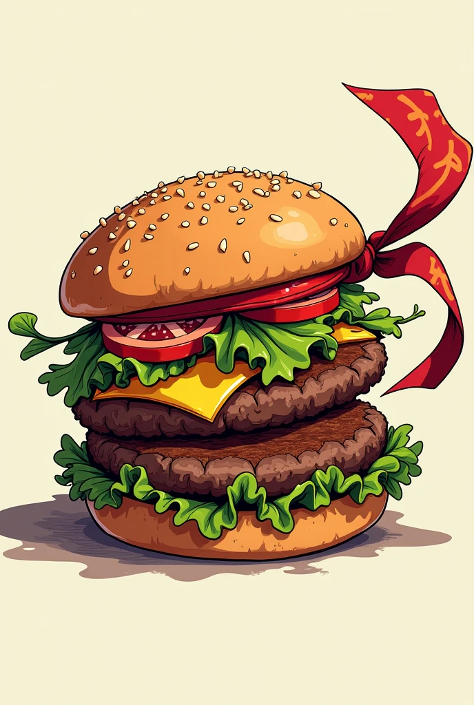 rough burger, anime style, that has a ninja ribbon 

