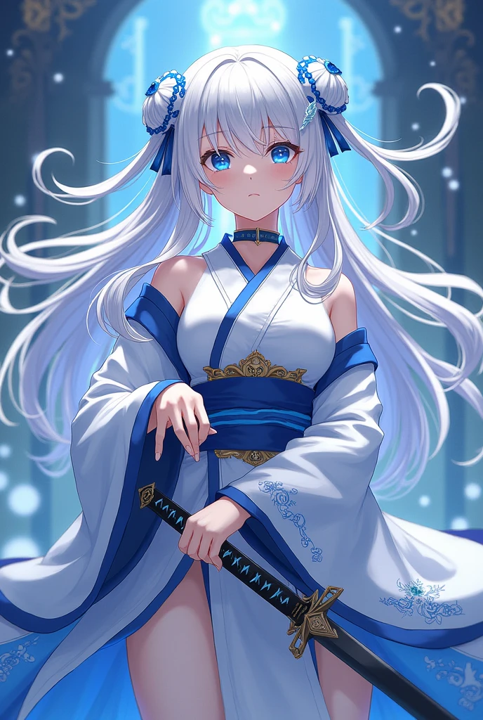 1 adult girl ,Long hair, Lumpy breasts, White hair with midnight blue highlights;blue eyes, loop hair, a celestial katana, a white haori with blue details, delicate and feminine, It must look like a character from Kimetsu no Yaiba