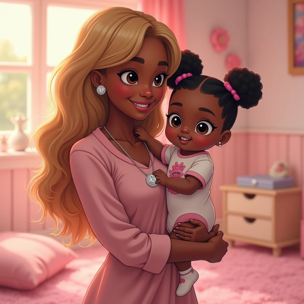 A naturally light-skinned Blasian woman with long, wavy golden hair, braces, and a sparkling diamond chain holds a light-skinned African American baby girl. The baby has two curly black buns, big black eyes, and adorable dimples, dressed in a matching Powerpuff Girls onesie. They are standing in a charming pink fluffy kids' room, creating a heartwarming scene filled with warmth and joy.