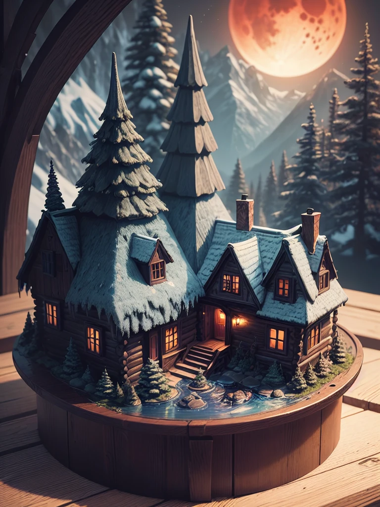 Best quality, masterpiece collection, Mountain cabin, Halloween night, witch enjoying Halloween event, blood moon, cabin on mountain, horror night view, terrifying enjoying moments of  witch, small water fountain at mountain cabin, ultra detailed art, super detailed, semi-realistic detailed, 24K Ultra high definition resolution, glowing and shining lit effects, rendered by octane