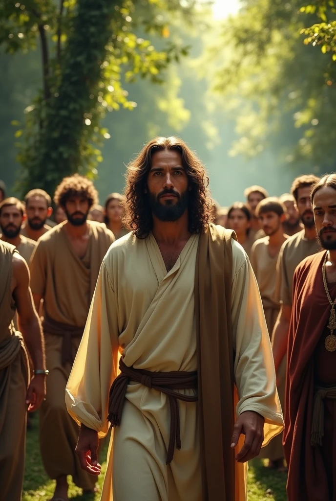 Jesus depicted with light brown skin, long, curly, dark brown hair, short beard, eyes browns, facial features ,walking among the crowd of faithful of the time in the middle of the forest. 