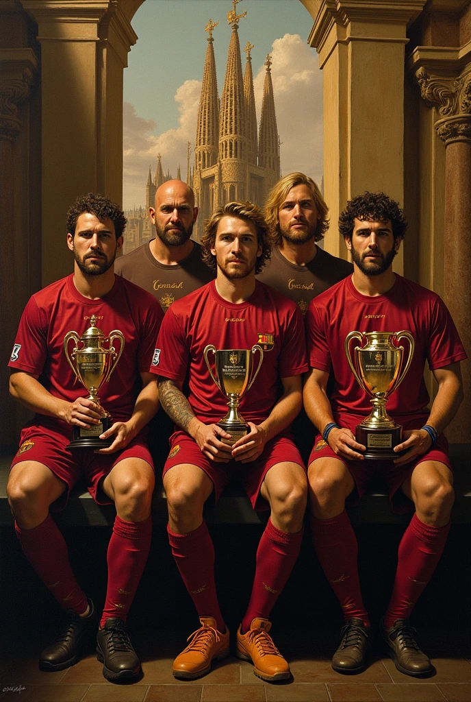 Please create a Renaissance style picture of Barcelona’s 2008/09 treble (UEFA Champions League, La Liga and Copa del Rey). Use techniques such as chiaroscuro and warm color palette.