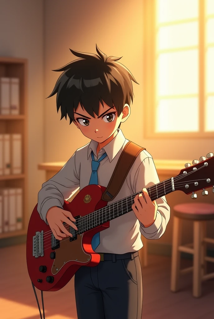 A sharp-faced, fierce-eyed boy wearing a Korean school uniform sits in the music club room. He is playing the guitar with sunlight streaming in through the window, making the room feel warm and peaceful. Anime