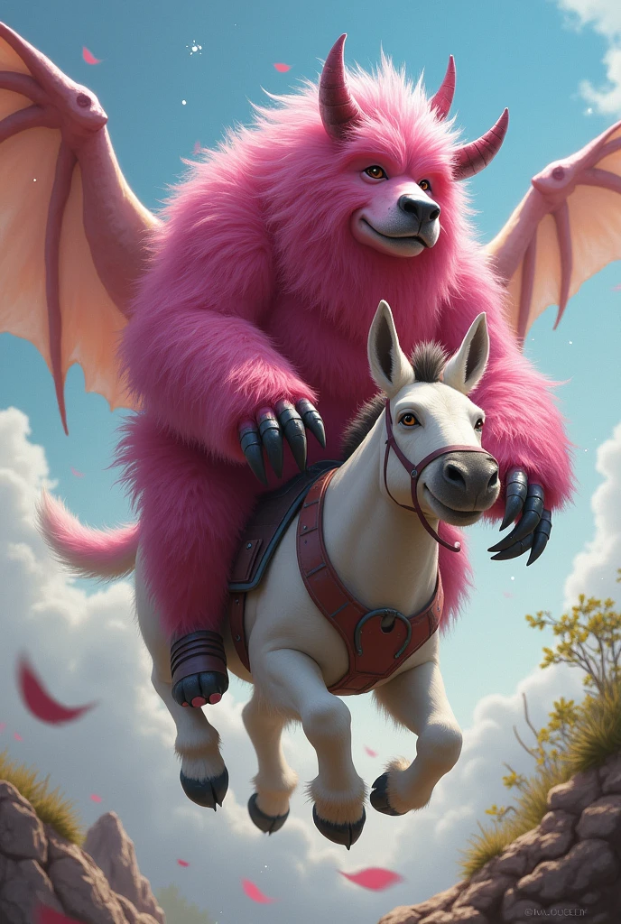 Pink monster, furry, with black claws, stains on hair. Pink horns and a dog head. 4-legged, riding a flying donkey