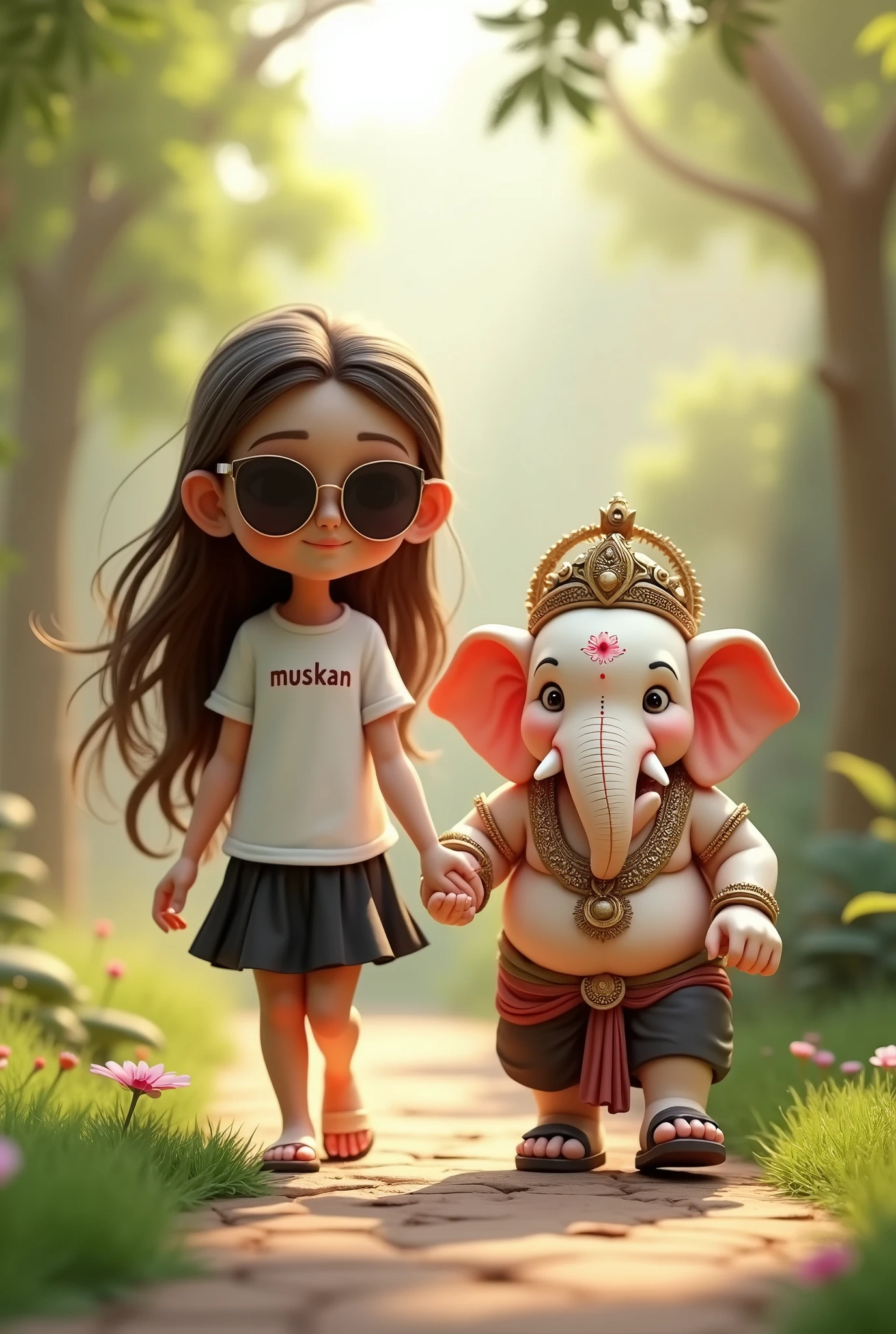 Create a 3D rendered image of a Child girl with long, flowing hair, wearing sunglasses and a white T-shirt with the name 'PUJA' printed on it and Black skirt. The girl is holding hands and walking with a cute, anthropomorphic version of the Hindu deity Child Ganesha. Ganesha is depicted with a white, slightly chubby elephant head, adorned with traditional jewelry and a crown. The background is a serene, green, garden-like environment with soft lighting, creating a warm and peaceful atmosphere.