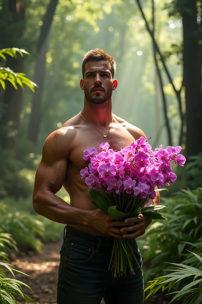 Shirtless athletic man standing in a forest with a bouquet of orchids 