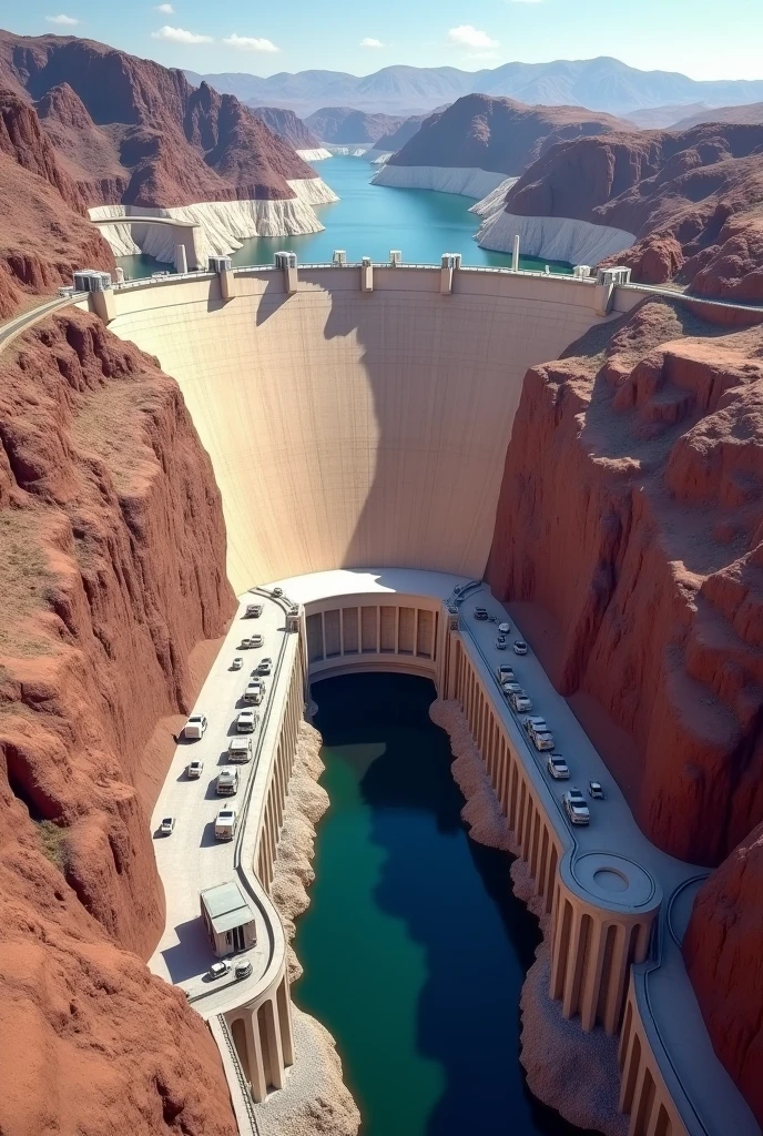 Image of all the functions of the Hoover Dam, ground transportation, water supply, generation of electric energy, flood control, 