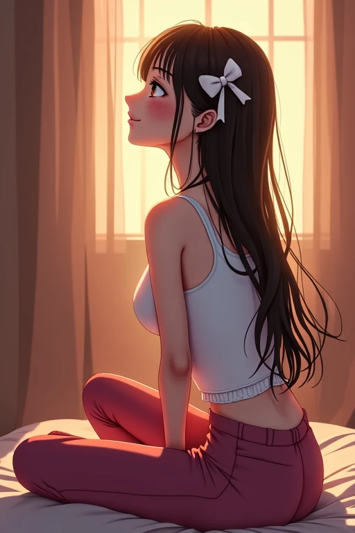 1 girl, High resolution, Alone, breasts, smile, blush, breasts, hair ribbon, rear, pants magenta , behind , looking at the wall