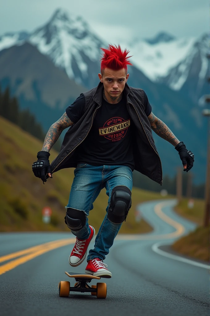 a young Punk ideal body skateboarding with red mohawk and upturned jacket covered in tattoos on his arms, confidently riding a skateboard down a winding mountain road ferry fasted, framed by the night golden light of the street. He is wearing a black t-shirt with a vintage VAN logo on his chest and a bag on his back, and denims jeans and use red converse shoes. The man look at the camera, his hands protected by black gloves, adding a personal touch to the thrilling scene. He also wears knee and elbow pads, ensuring safety as he navigates the turns with ease. The background is midnight lanscape features rolling green hills and snow-capped mountains in the distance, creating a stunning contrast to the rider’s dynamic movements, amplifying the excitement. In the distance. The image exudes the thrill of downhill skateboarding, the beauty of the natural scenery, and the fearless energy of the rider, with an Instagram-worthy night atmosphere.