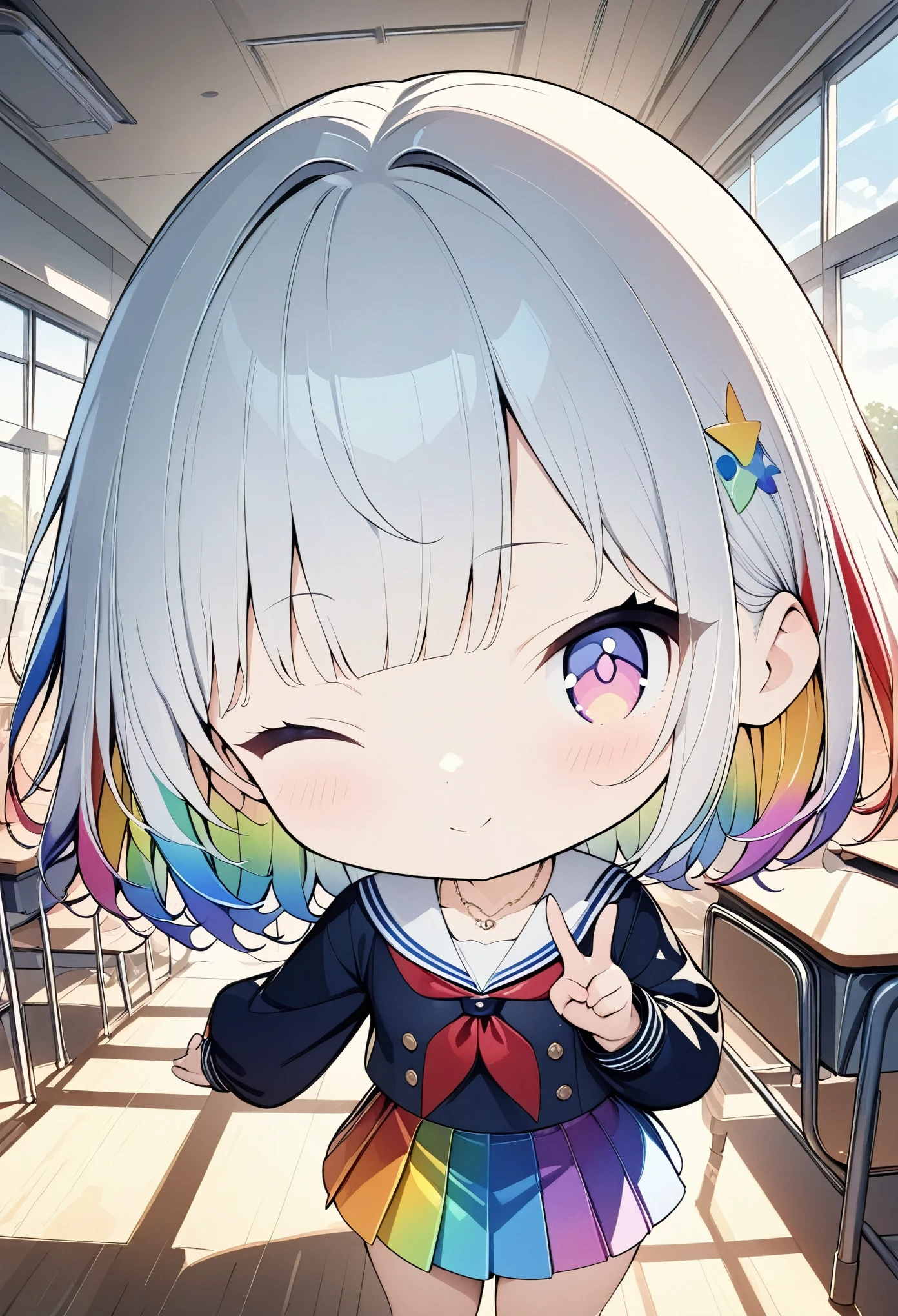 (((anime))) A woman winking peace sign,chibi,Short Hair,Messy short bob,(Rainbow Hair),Oblique bangs,One eye is hidden,Blushing,necklace,Rainbow Eyes,Big eyes Sailor suit,Volume sleeve,classroom,sunlight,masterpiece,Highest quality,Exquisite,8k,Absurd,Ultra-fine illustrations,(View your audience)