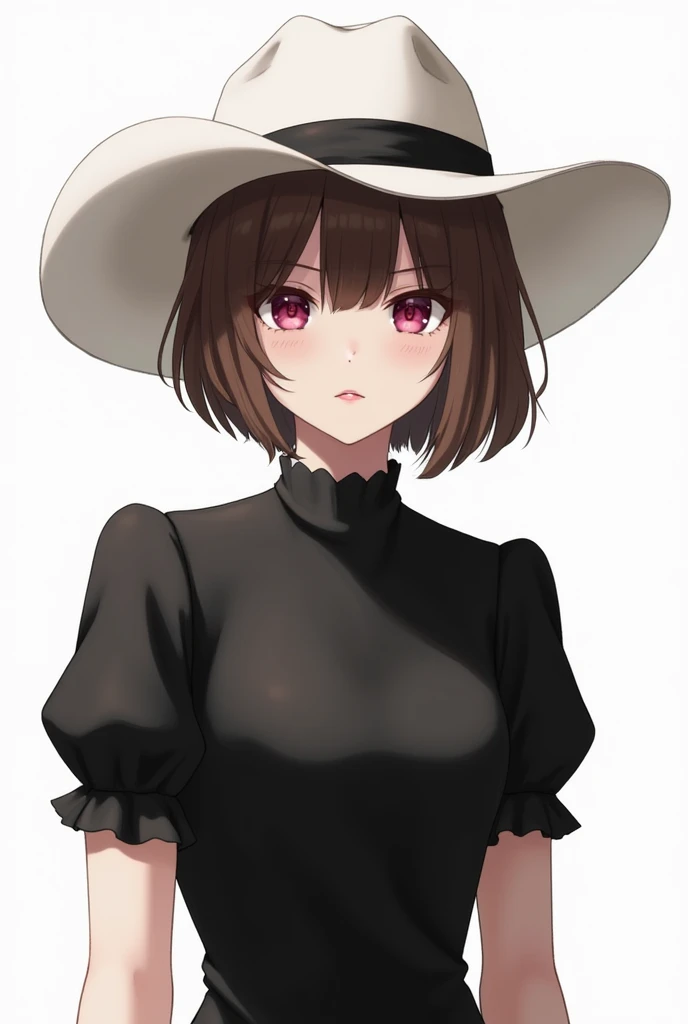 1girl,:o,black_dress,bob_cut,brown_hair,commentary_request,cowboy_shot,dress,hat,highres,looking_at_viewer,osanai_yuki,parted_lips,pink_eyes,puffy_short_sleeves,puffy_sleeves,short_hair,short_sleeves,shoushimin_series,simple_background,solo,teiku_(tokagezaurusu),twitter_username,white_background,white_hat, best quality, masterpiece, nai3