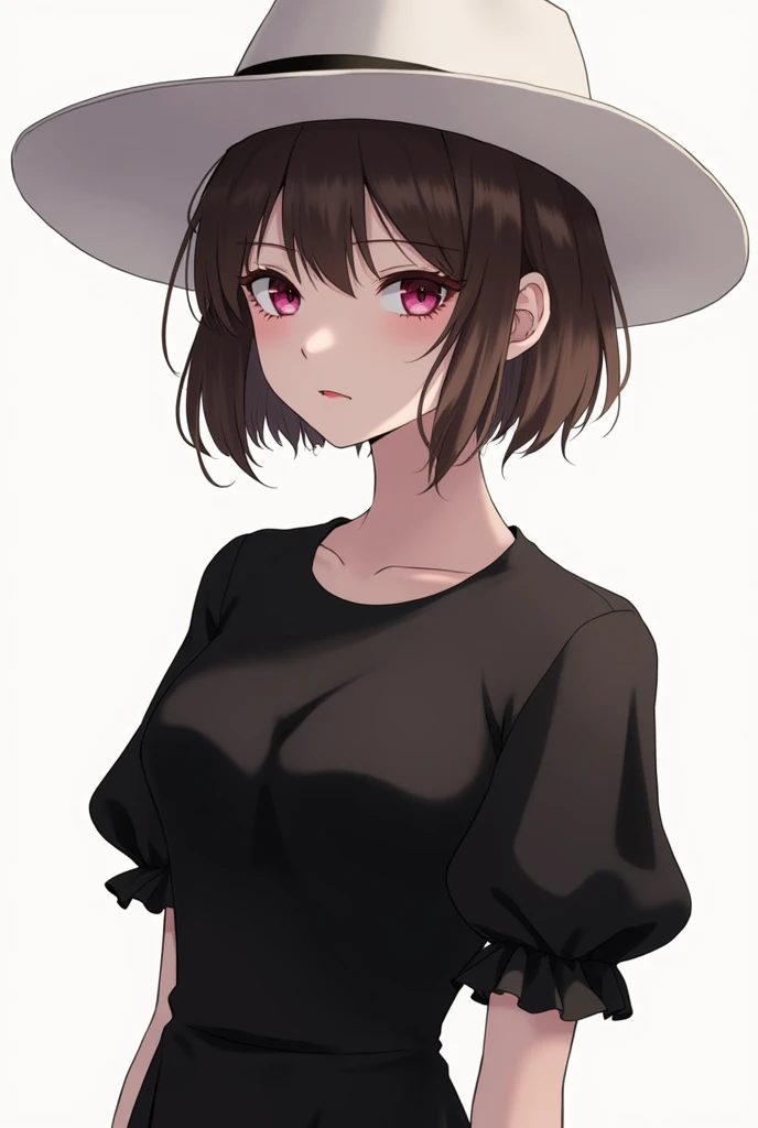 1girl,:o,black_dress,bob_cut,brown_hair,commentary_request,cowboy_shot,dress,hat,highres,looking_at_viewer,osanai_yuki,parted_lips,pink_eyes,puffy_short_sleeves,puffy_sleeves,short_hair,short_sleeves,shoushimin_series,simple_background,solo,teiku_(tokagezaurusu),twitter_username,white_background,white_hat, best quality, masterpiece, nai3