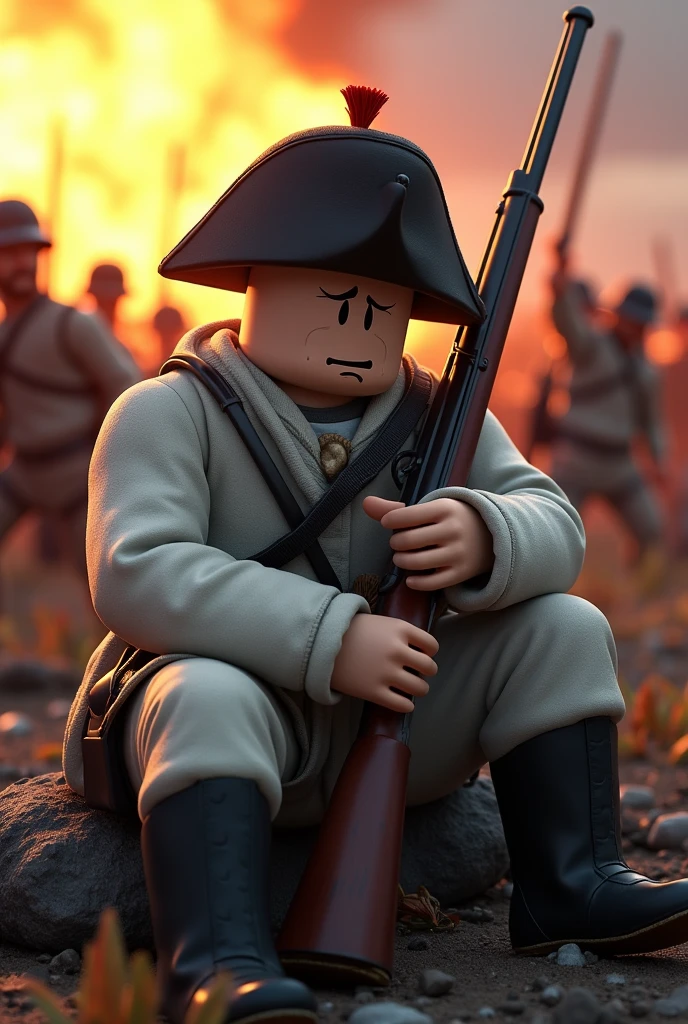 A roblox character in a napoleonic wars wearing white soldier uniform in a 1800s infantry "military Shako headgear", sitting down with his musket rifle, exhausted and tired fighting, realistic fear expression with a very dark forehead shadow in a side face while the background Is total explosive war