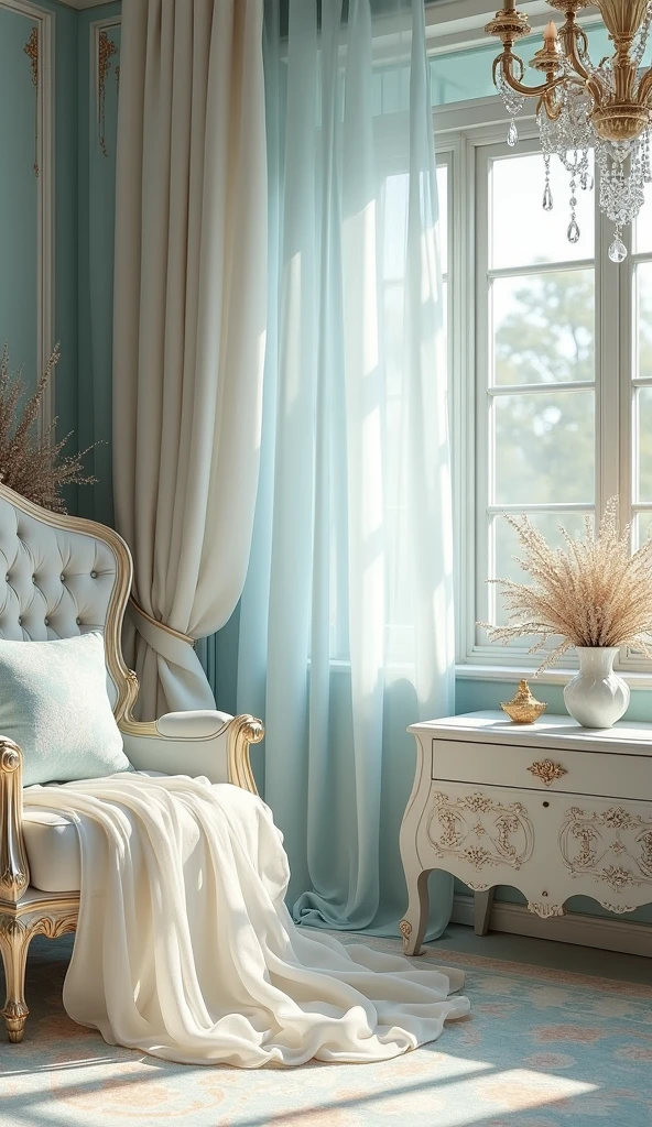 A hyper-realistic photo of a light blue and beige elegant templates design with a touch of sophistication to combine Victorian charm with Shabby Chic style, decorated with elegant sheer chiffon, antiques, baroque and gem stones, UHD, 8K resolution, masterpiece, high detailed. Ultra-realistic.