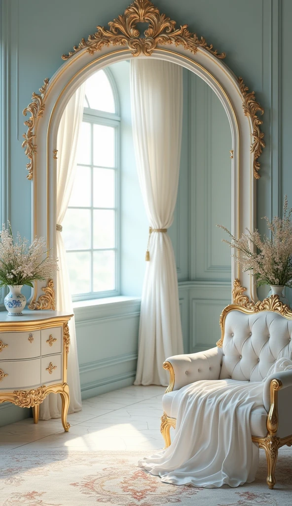 A hyper-realistic photo of a light blue and beige elegant templates design with a touch of sophistication to combine Victorian charm with Shabby Chic style, decorated with elegant sheer chiffon, antiques, baroque and gem stones, UHD, 8K resolution, masterpiece, high detailed. Ultra-realistic.