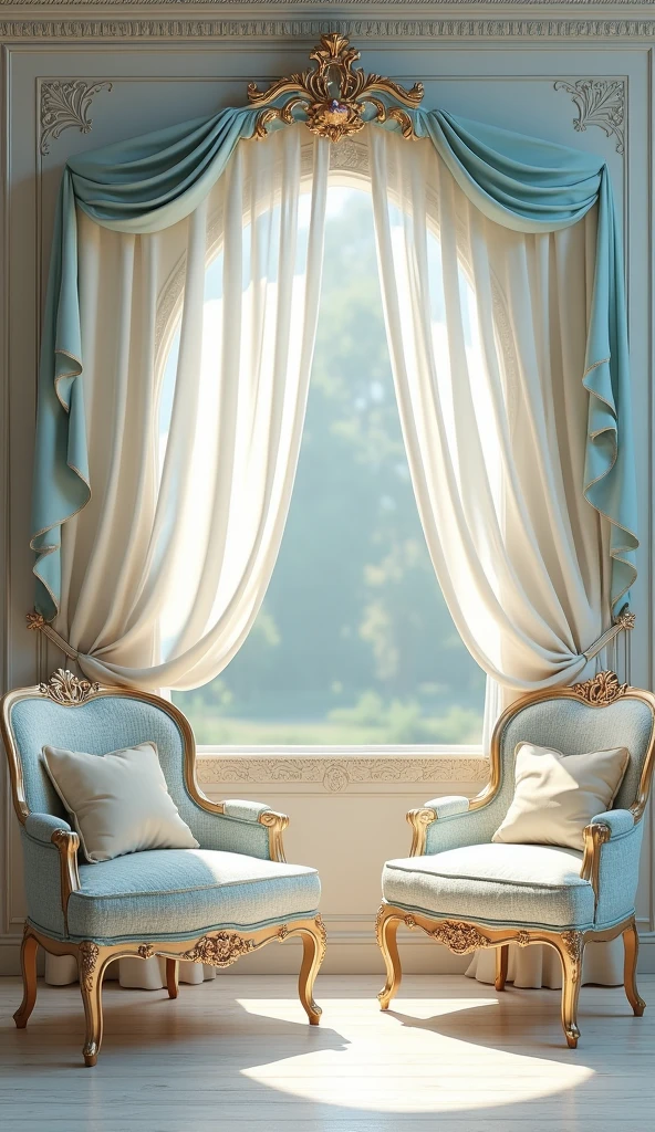 A hyper-realistic photo of a light blue and beige elegant templates design with a touch of sophistication to combine Victorian charm with Shabby Chic style, decorated with elegant sheer chiffon, antiques, baroque and gem stones, UHD, 8K resolution, masterpiece, high detailed. Ultra-realistic.