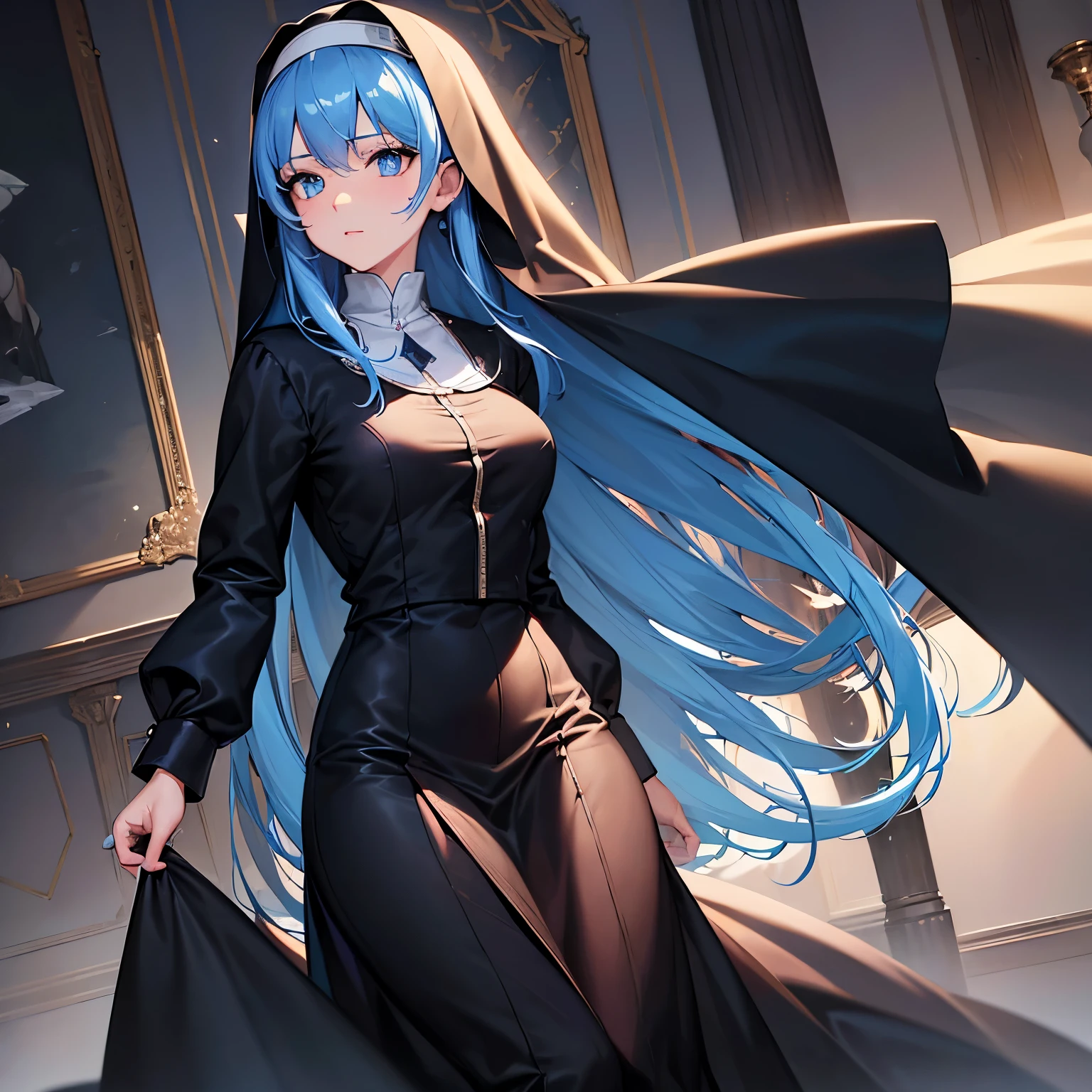 masterpiece, best quality, (extremely detailed CG unity 8k wallpaper), (best quality), (best illustration), (best shadow), absurdres, realistic lighting, High definition, Lady, solo, nun, loose outfit, prim, long veil, topaz blue eyes, perfect face, elegant, (topaz blue hair: 1.2), action pose, effect background, art by guweiz