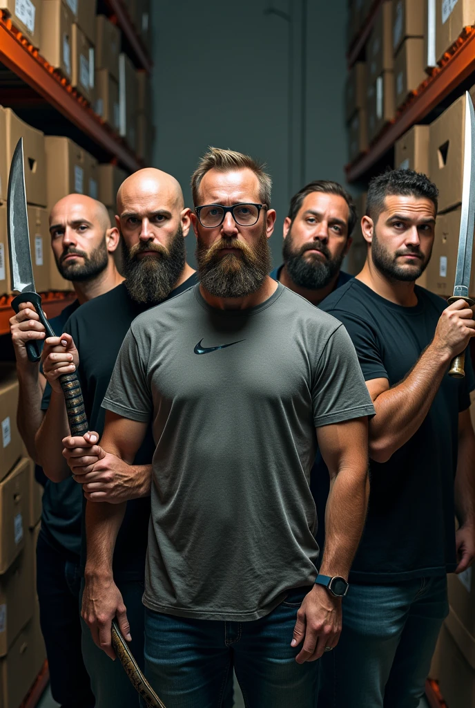 Four white men and one mulatto looking at the camera holding bladed weapons described below for each one ,being 1 bearded bald man with a cleaver, second with glasses beard and nike shirt with katana, third a tall bald white man without a beard with a viking body with a guts sword ,the fourth a chubby guy with hair and beard with a fishbone, fifth with strong nudreds hair and with sword, in the background of the image shelves and stock boxes