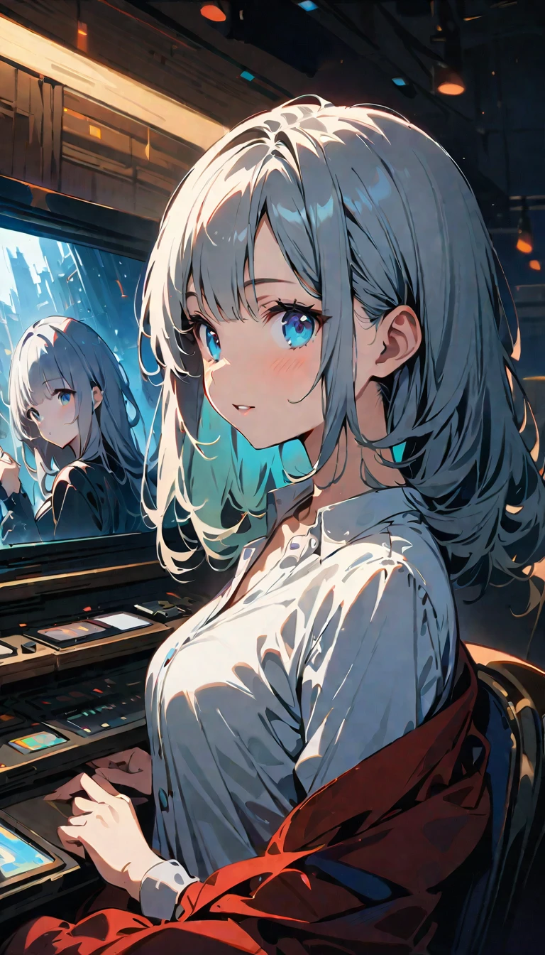 (software), masterpiece, Highest quality, High resolution 64k, Professional artwork, Famous works of art, clean, Cinema Lighting, Beautiful Eyes + detailed, Beautiful Hair + detailed, (Cute young woman's body:1.4), (Cute small breasts), Breastfeeding, Happy:1.3, smile:1.3, Gaze sexy at the viewer, Sexy lips, Floating Hair,Anosyrus II, ((TFG1:1.5)), indoor, doorway, In the open position, From above