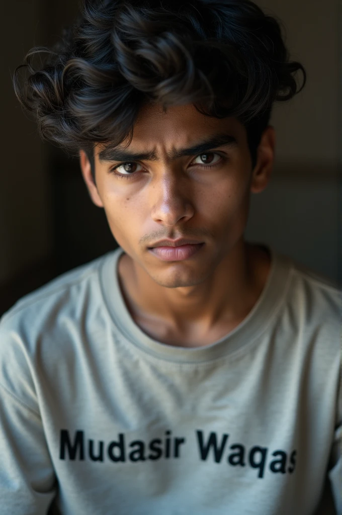 Send me a photo of a Pakistani boy seventeen years old with Mudasir Waqas written on his shirt
