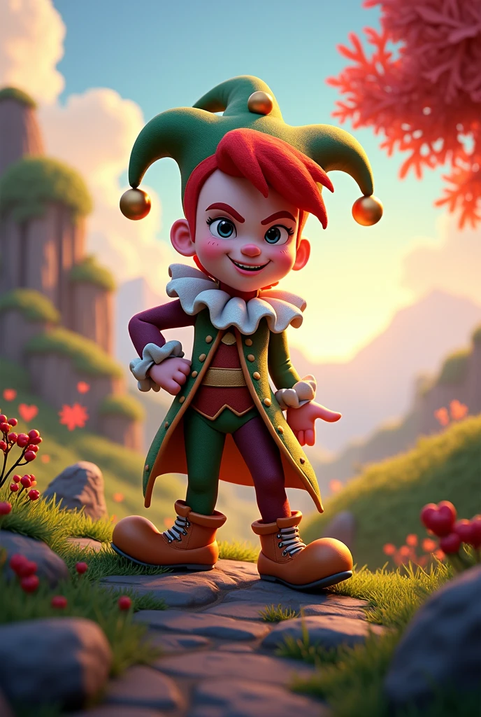 (photorealism:1,2) Chester de brawl stars, He is a red-haired jester. That its silhouette is not very marked in a landscape
