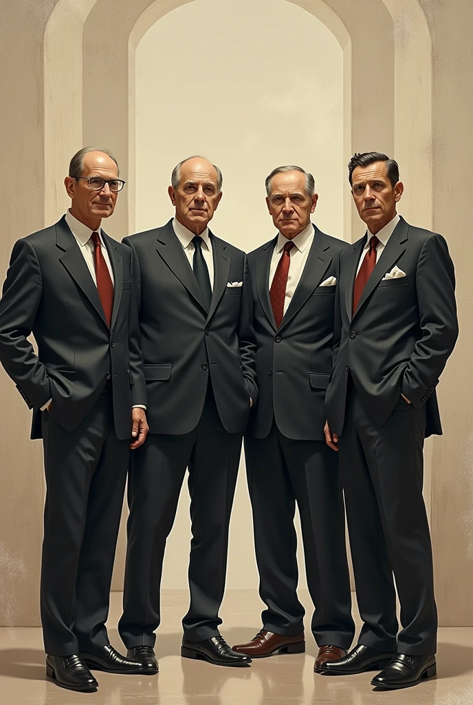 Make an image of Frederick Taylor, Henri Fayol, Max Weber, and Elton May together. Where you represent the evolution of administration